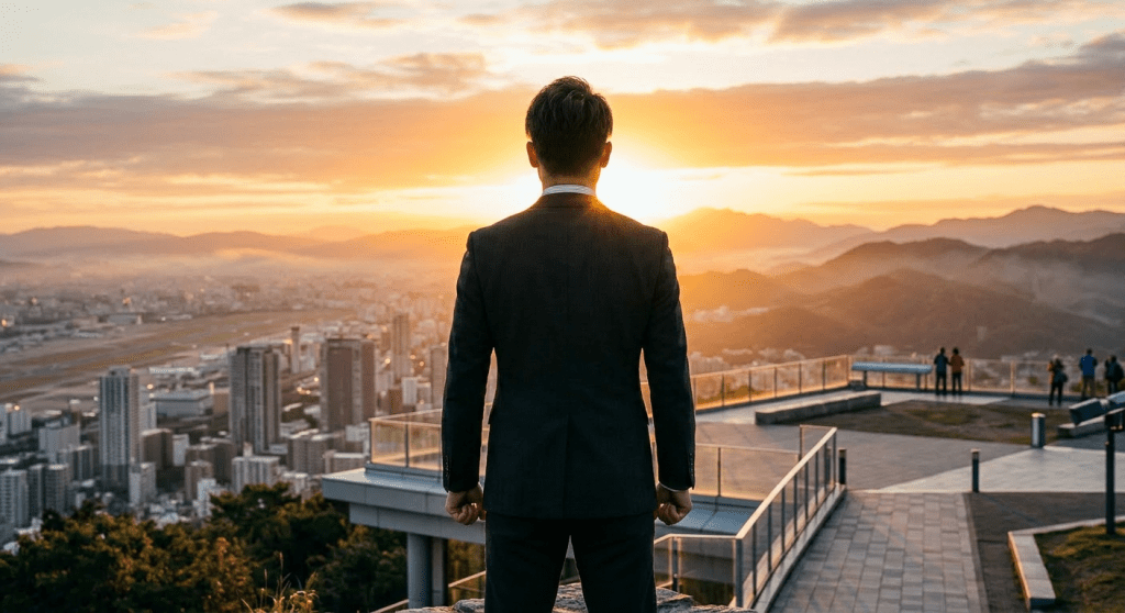 Man in a suit standing at a viewpoint overlooking a city at sunset