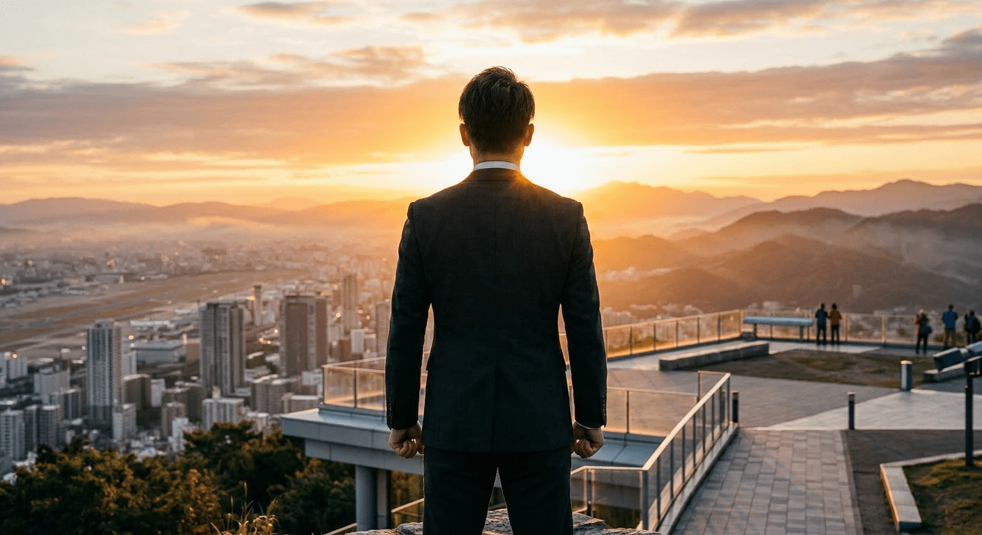 Man in a suit standing at a viewpoint overlooking a city at sunset