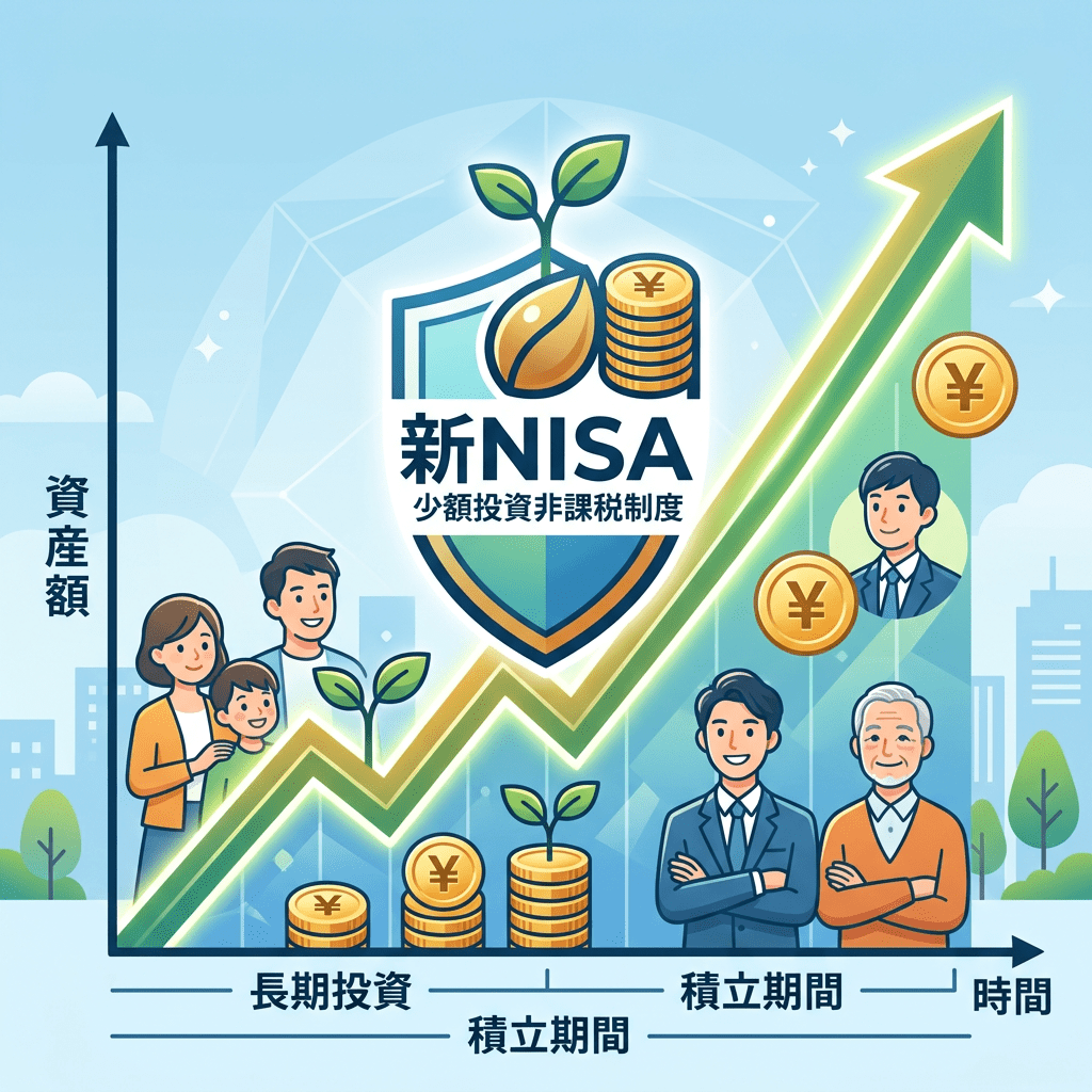 Graph depicting increasing assets with new NISA tax-free investment system and people of different ages