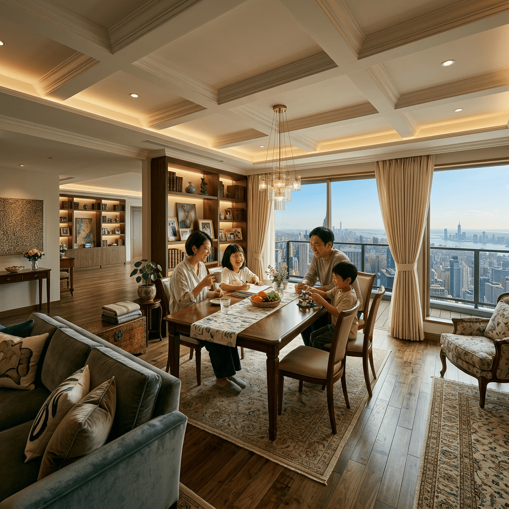 Family of four sitting around a wooden table, laughing and engaging in creative activities