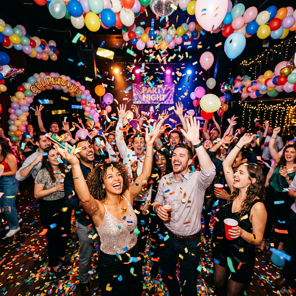 Crowd of people celebrating at a party with balloons and confetti