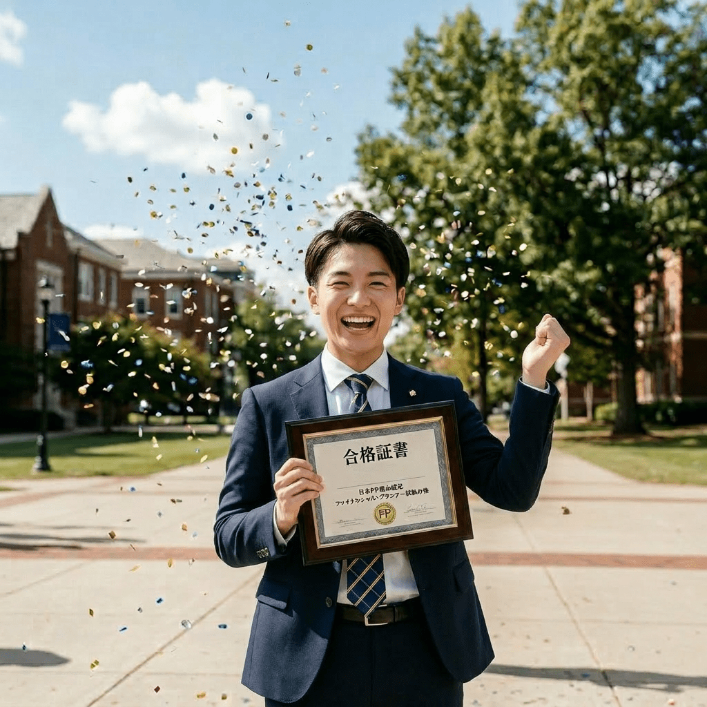 Young woman holding certificate of achievement with confetti falling and crowd applauding