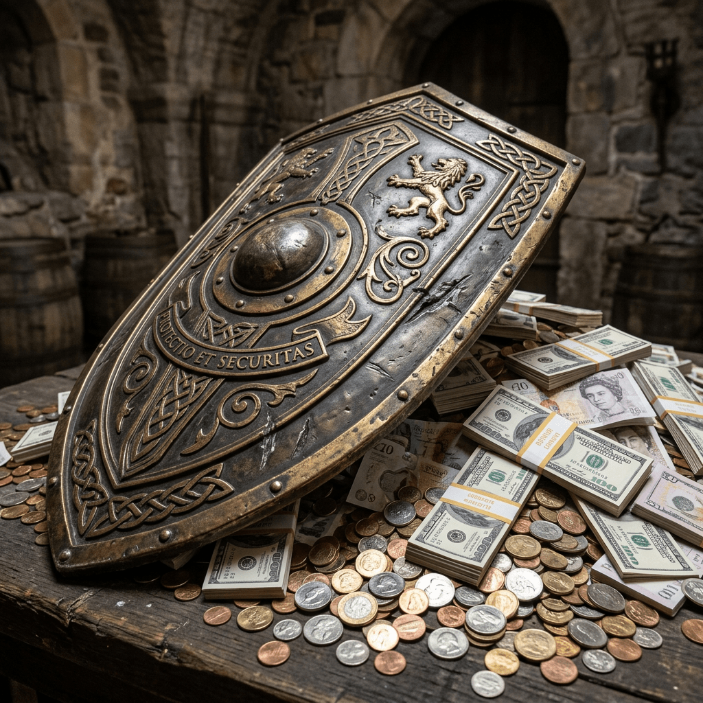 Ornate medieval shield with lion emblem and 'Protectio et Securitas' inscription surrounded by coins and banknotes