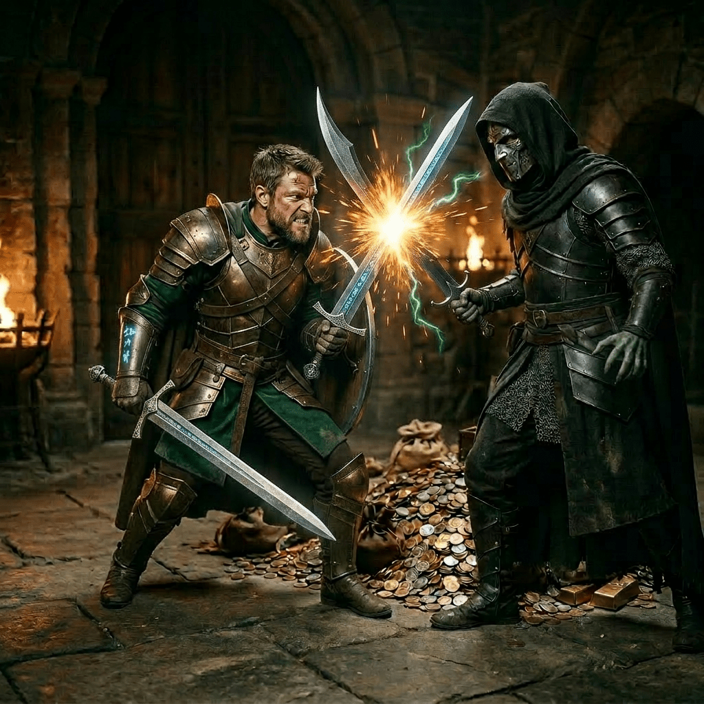Warrior with shield protecting gold coins, gems, and sword in medieval stone chamber