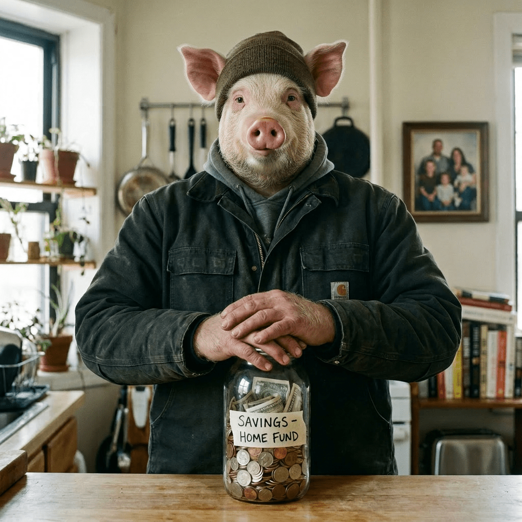 Man holding a jar labeled 'Savings - Home Fund' filled with money