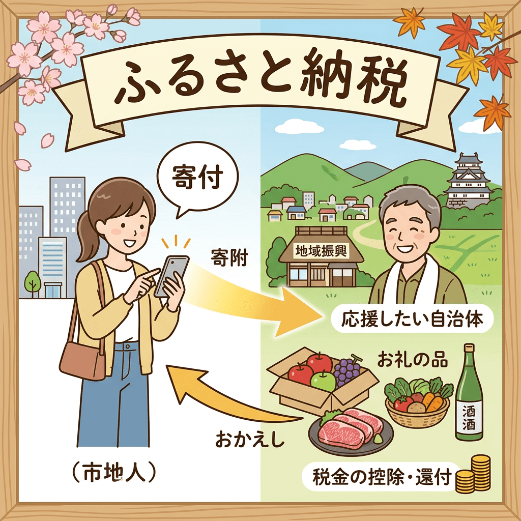 Diagram showing a woman donating via smartphone to support rural community and receiving gifts and tax deductions in return
