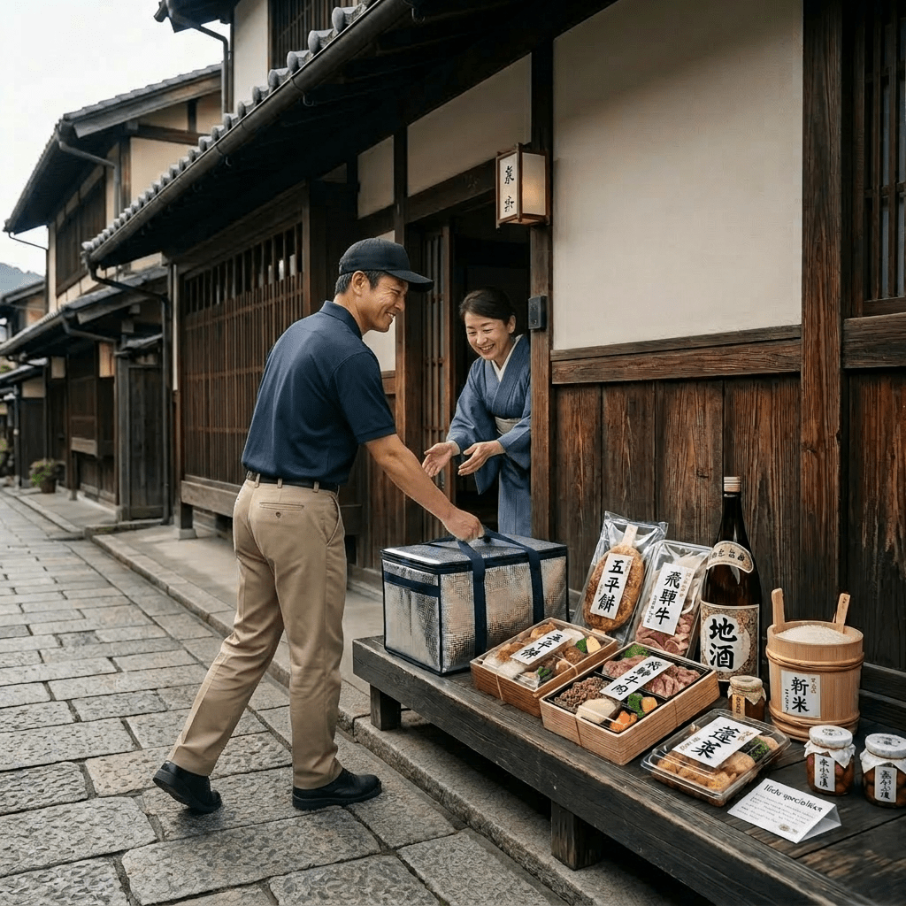 Traditional Japanese market stall selling grilled beef skewers and local products