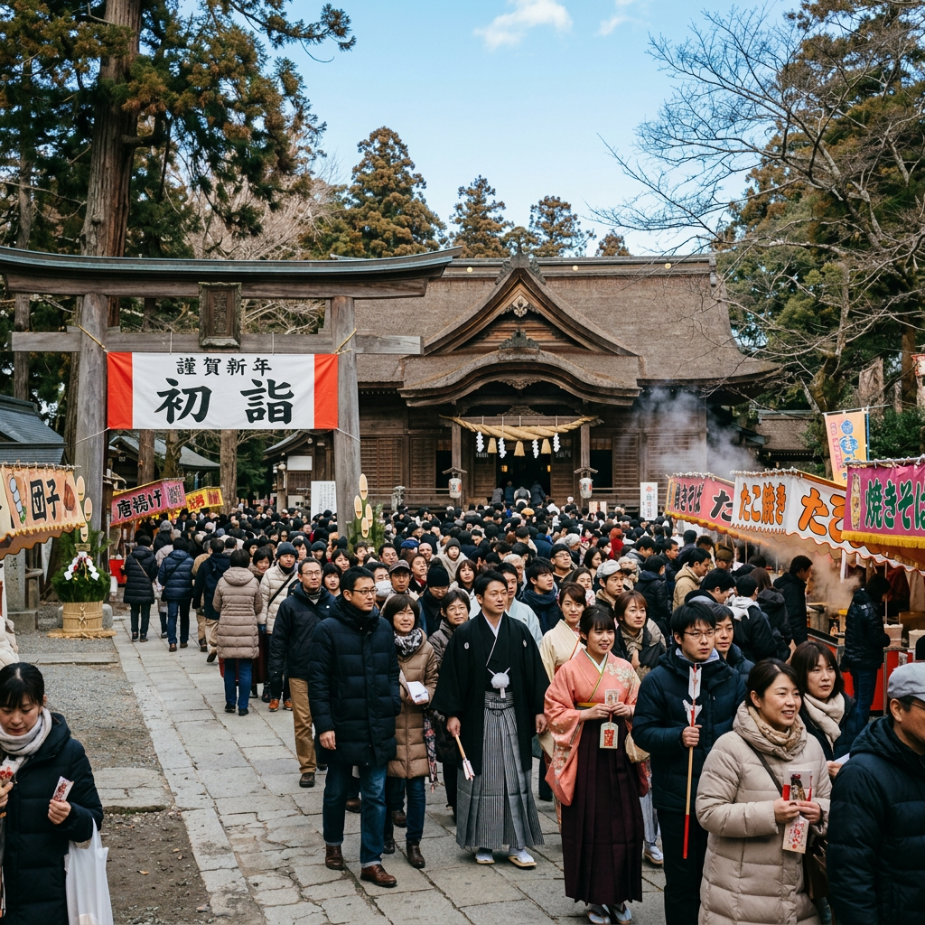 large crowd visiting Japanese shrine for New Year celebration