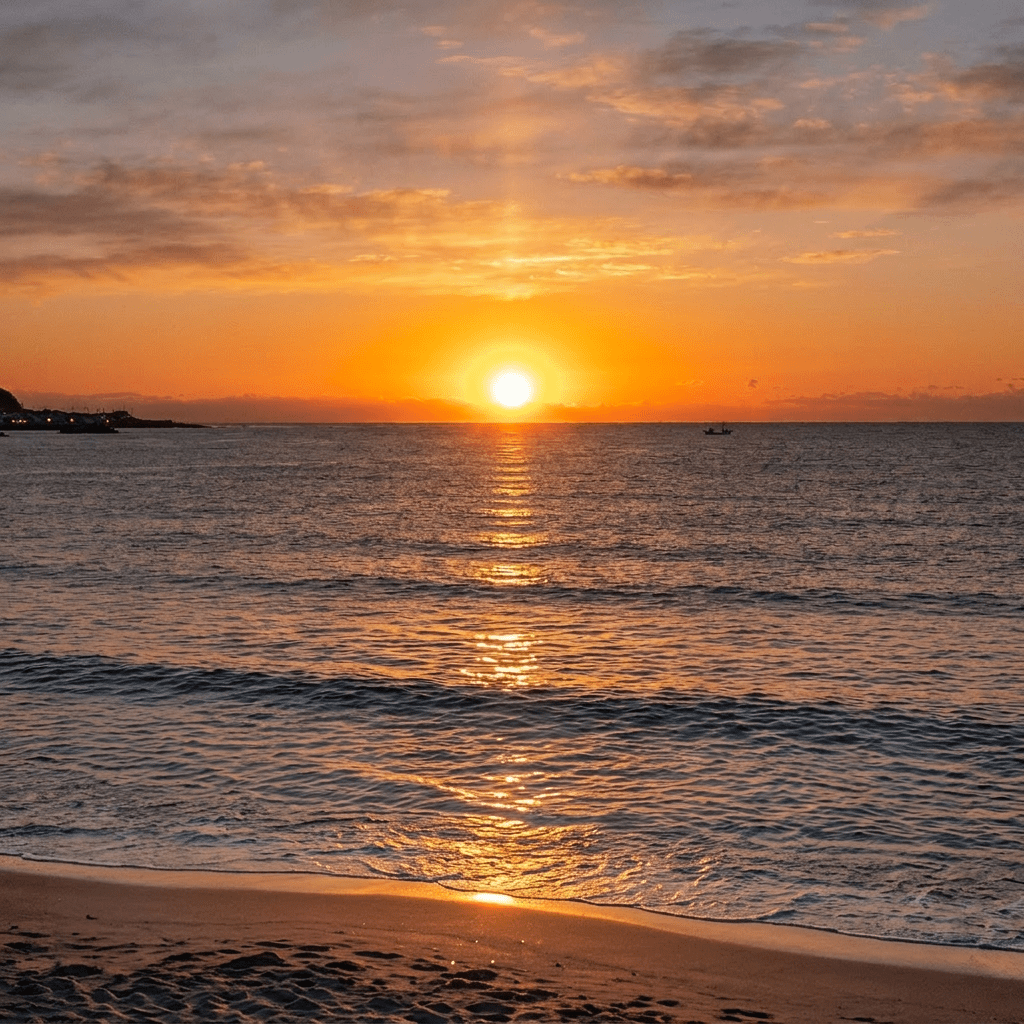 Six people in warm jackets and hats standing on a beach watching the sun rise over the ocean