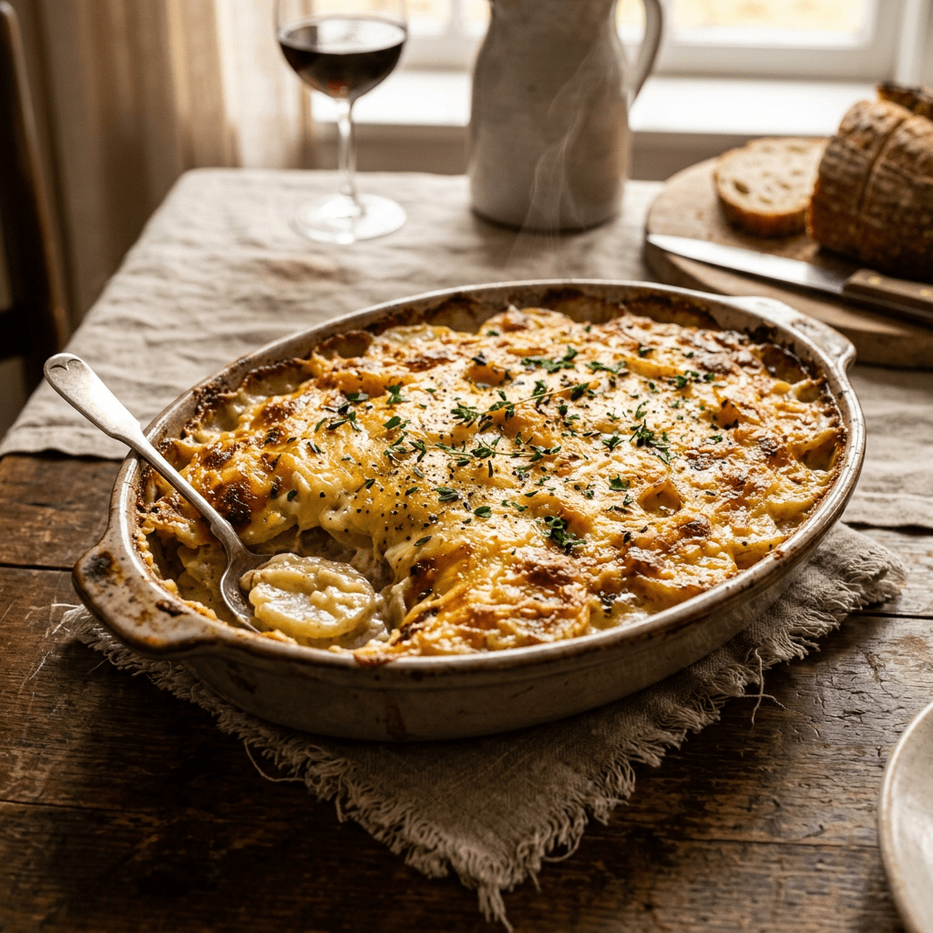 Baked gratin in dish, golden cheese