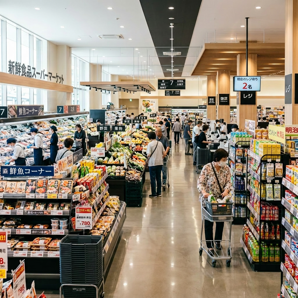 Busy Japanese supermarket with fresh produce, packaged foods, and customers shopping