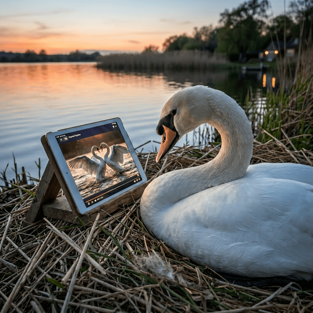 A swan by a lakeside looking at a tablet displaying a video of cygnets swimming