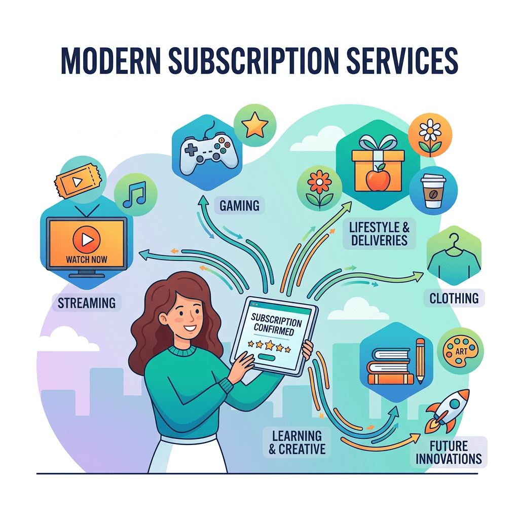 Person holding tablet with subscription confirmed and icons for streaming, gaming, lifestyle, clothing, learning, and future innovations.