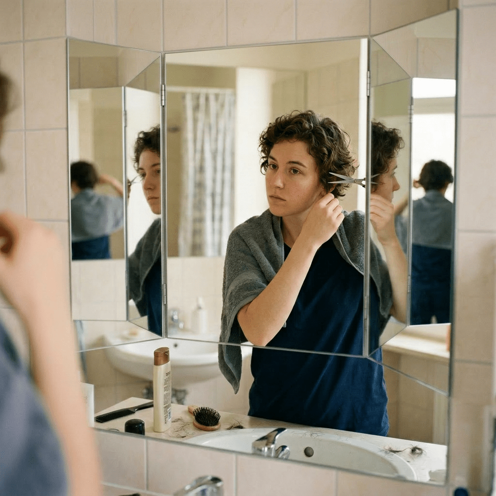 Person trimming short curly hair using scissors in front of a bathroom mirror