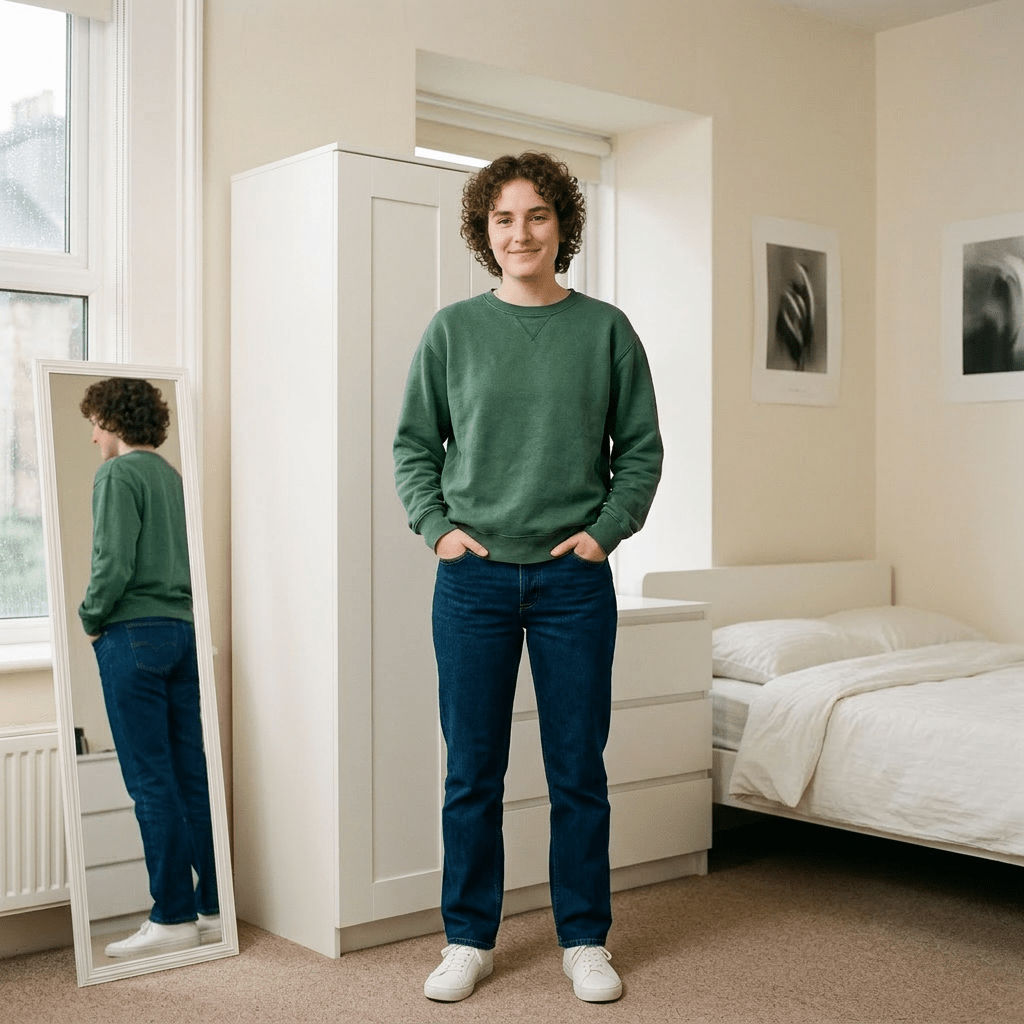 Person standing with hands in pockets wearing green sweatshirt, jeans, and white sneakers in a bedroom