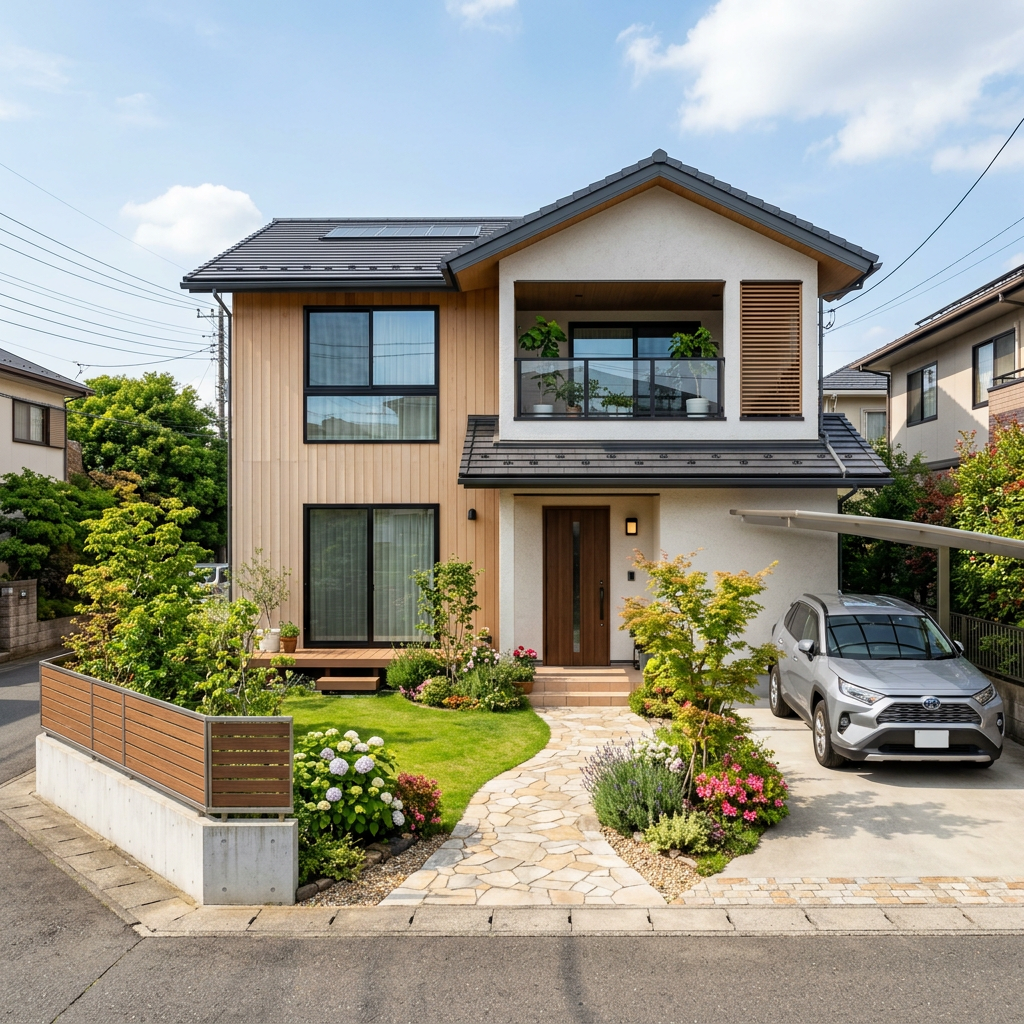 Two-story house with garden, driveway, and a car parked under a canopy