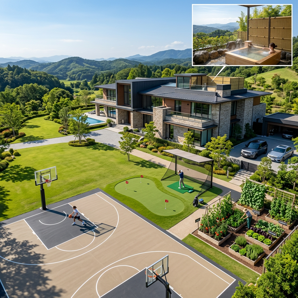 Luxury home with basketball court, golf putting green, vegetable garden, and rooftop hot tub