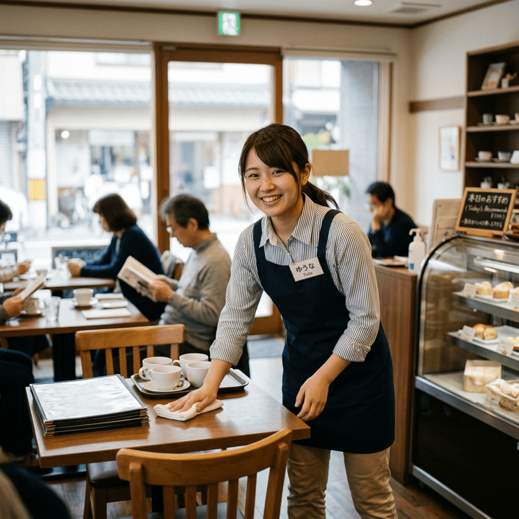 Smiling waitress cleaning table with cups and menus in cafe