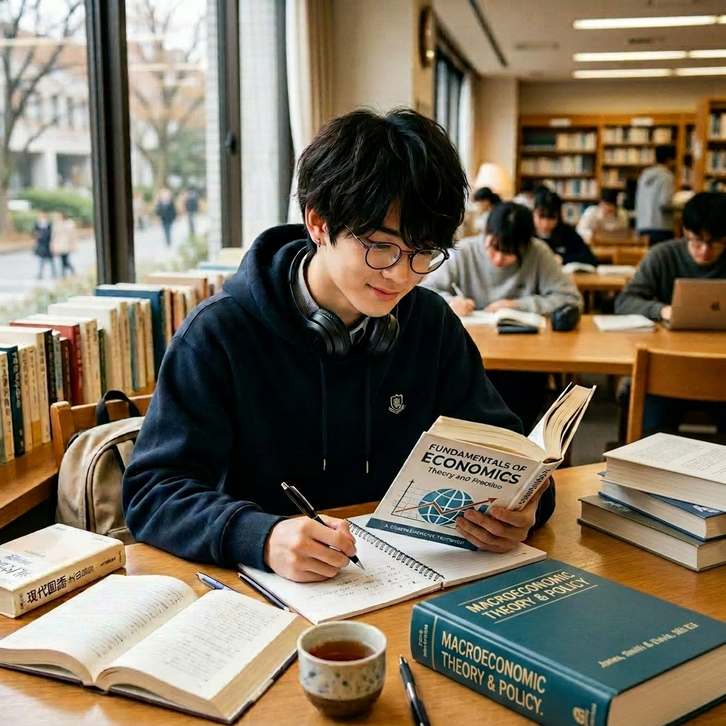 Student reading a Japanese language book and taking notes in a library