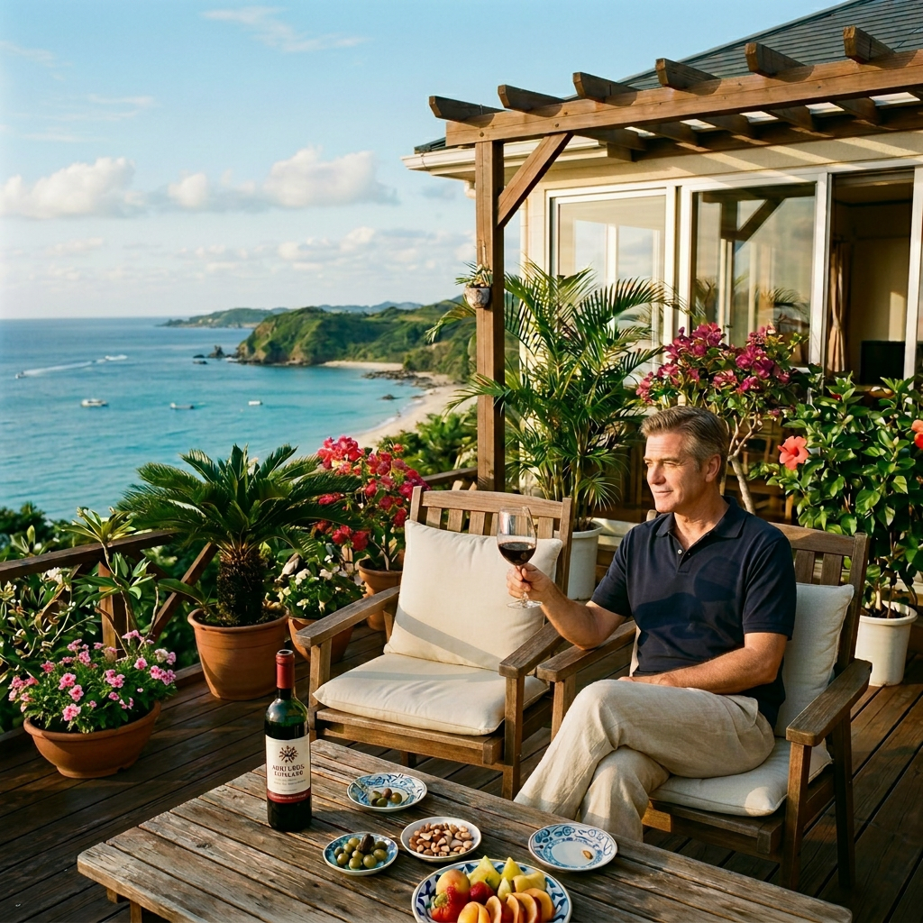 Couple sitting on terrace with wine glasses overlooking ocean