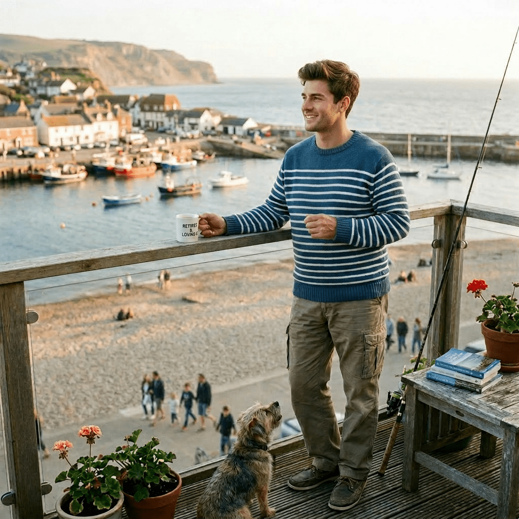 Older man in striped sweater holding mug and binoculars on balcony overlooking harbor and beach with small dog