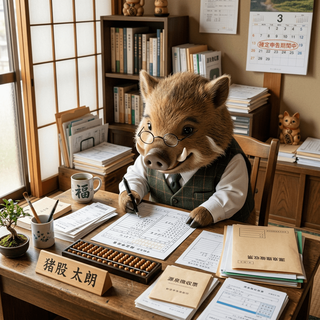 Boar with glasses and vest writing on documents at a cluttered office desk with Japanese text