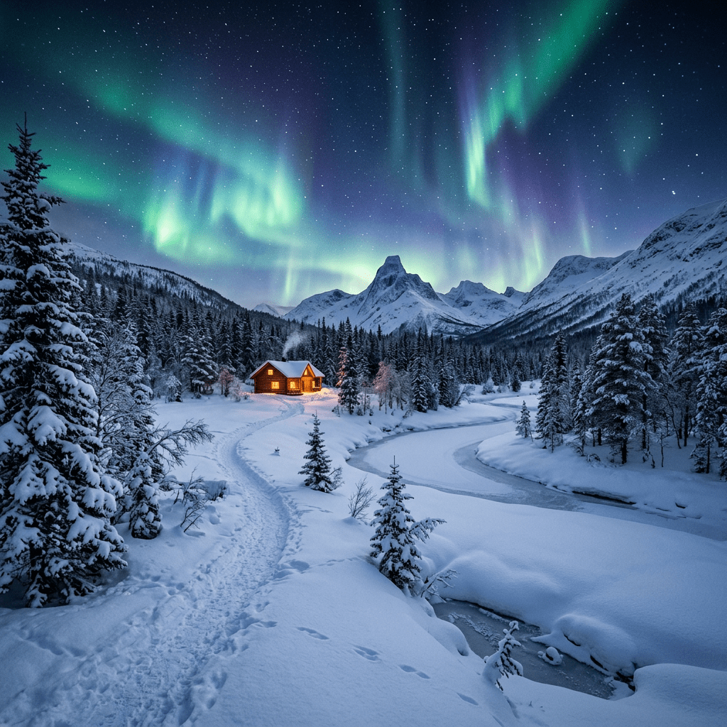 Snow-covered cabin with glowing windows in a forested mountain valley under green and purple northern lights