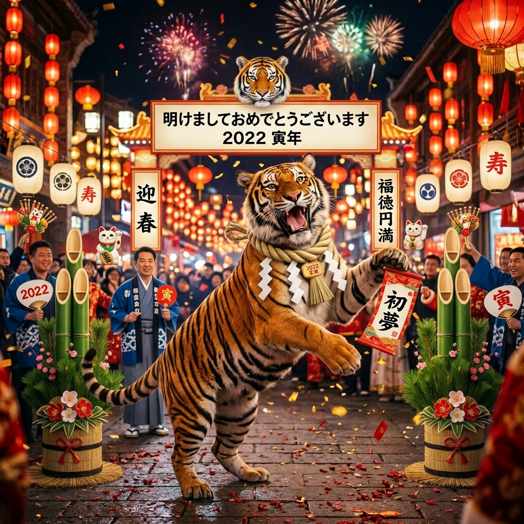 Tiger dressed in traditional ornaments celebrating Chinese New Year with lanterns and fireworks