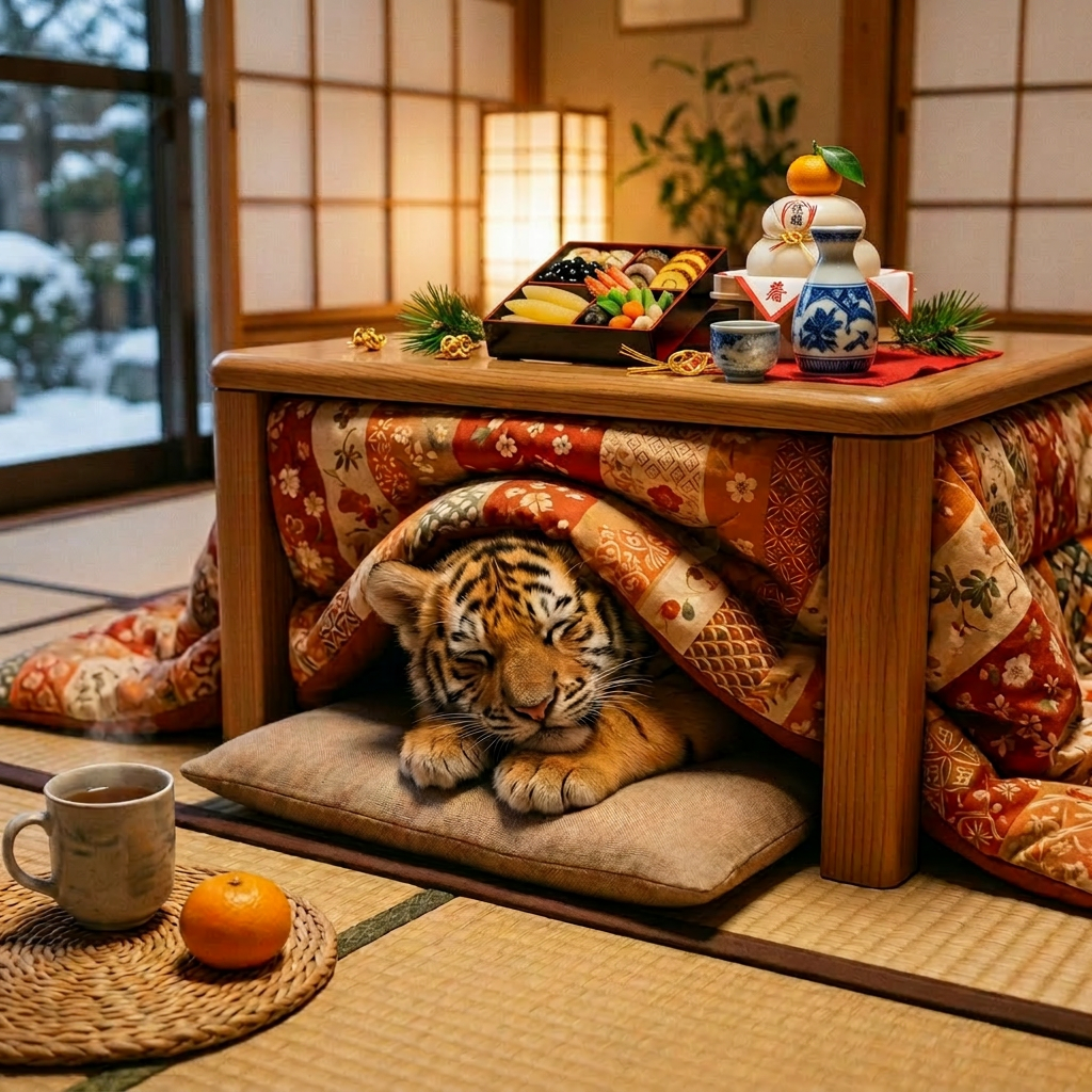 Tiger cub sleeping under a colorful kotatsu blanket on a cushion