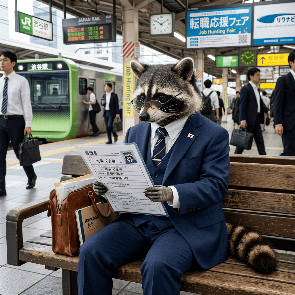 Raccoon in suit reading resume at Shibuya train station job fair