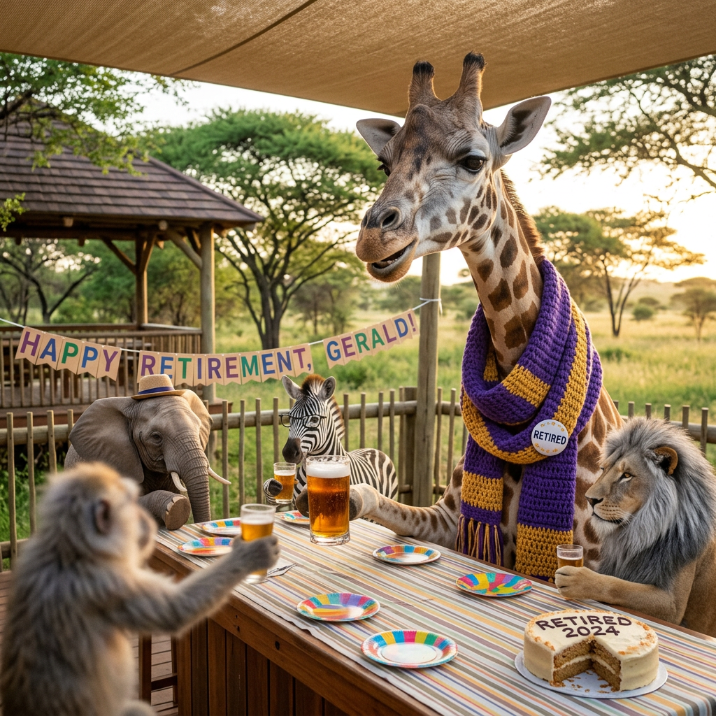 Giraffe wearing scarf and retired badge with elephant, zebra, lion, and monkey celebrating retirement with drinks and cake