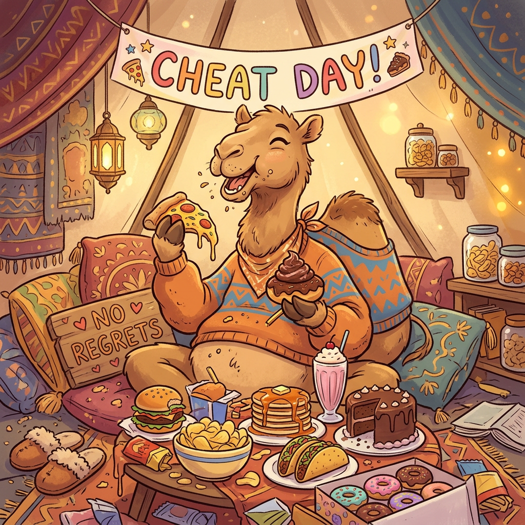 Camel eating pizza and cupcake surrounded by indulgent foods under a Cheat Day banner