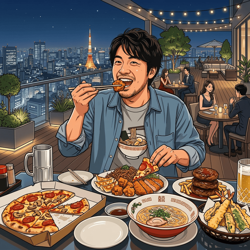 Man eating diverse Japanese and Western dishes including pizza, ramen, and tempura inside a restaurant