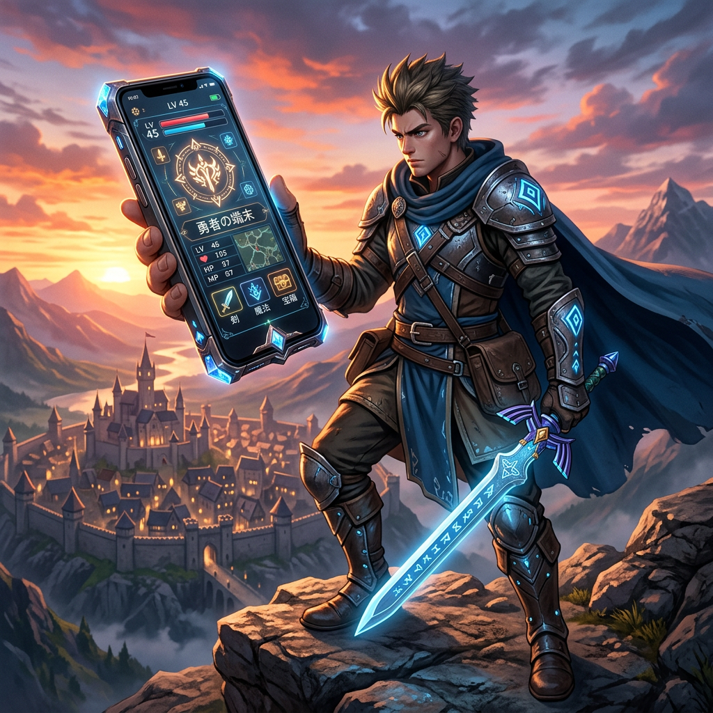 Armored fantasy warrior holding a glowing character status screen above a medieval city