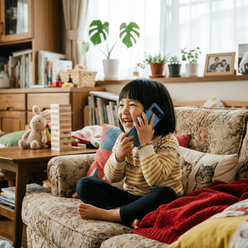 Smiling child talking on a smartphone while sitting on a living room sofa