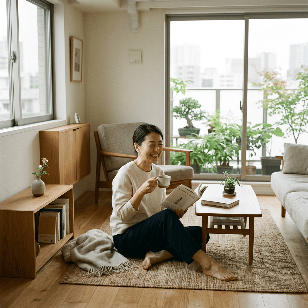 Woman drinking tea and reading a book in a bright living room