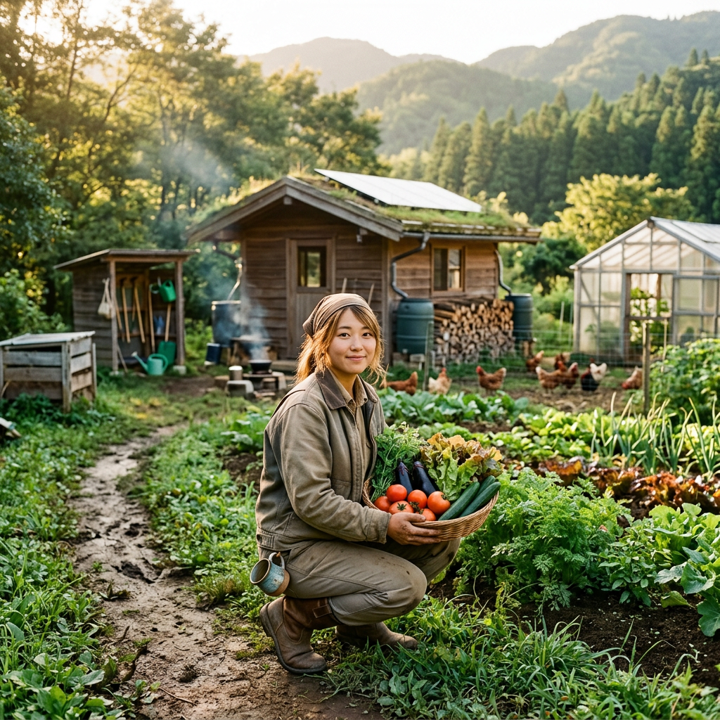 Gardener holding a basket of vegetables in a mountain garden